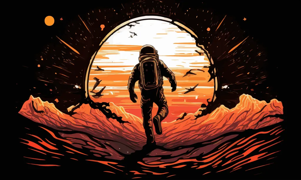 An astronaut walking into an orange sunrise over rocky terrain